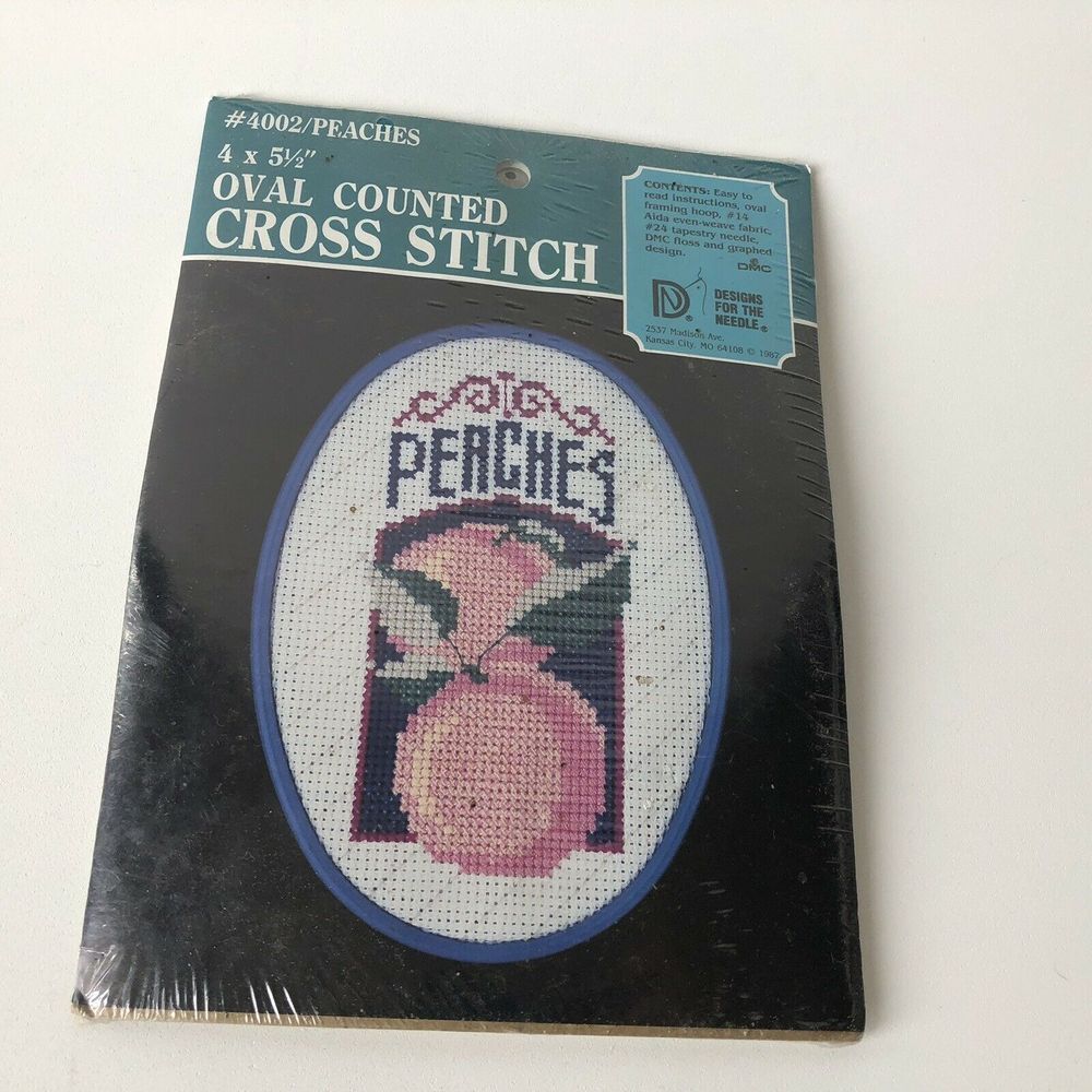 Designs For The Needle Peach Oval Counted Cross Stitch w Frame Hoop 1987